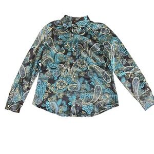 New The Kooples Silk Paisley Blouse Women size XS Teal Navy Button Down